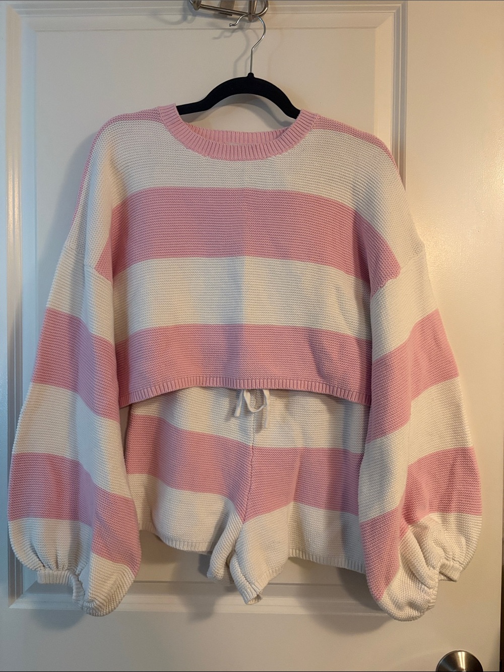 Striped Pink and Cream Cropped Crew Sweater Set